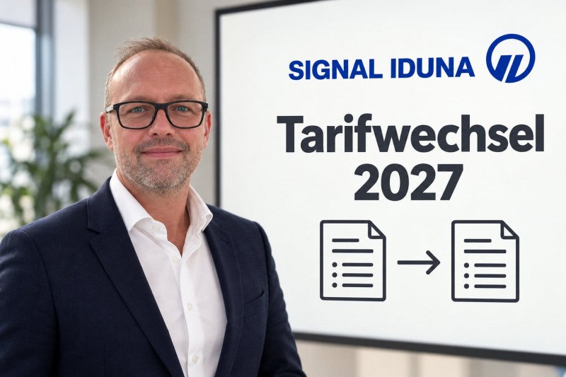Ferdinand Steiner neben einer Grafik zum Tarifwechsel bei SIGNAL IDUNA.