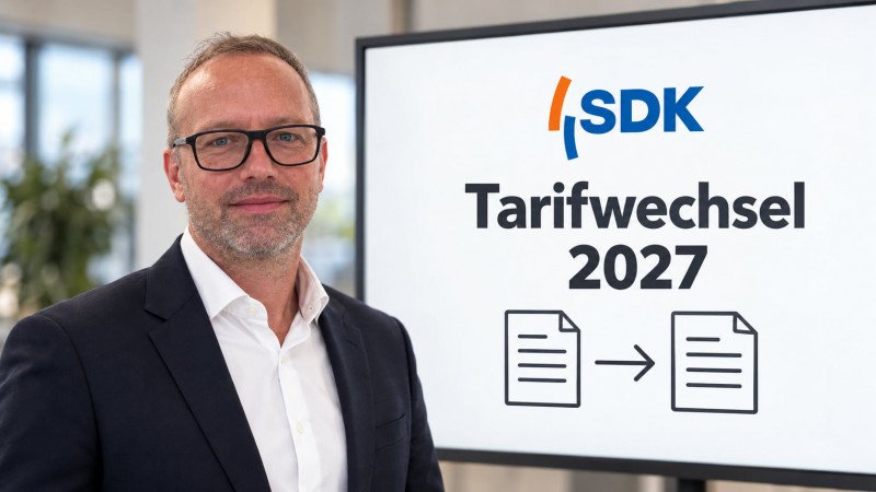 Ferdinand Steiner neben einer Grafik zum Tarifwechsel bei der SDK.