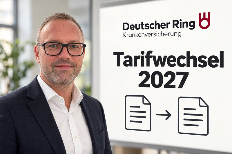 Ferdinand Steiner neben einer Grafik zum Tarifwechsel beim Deutschen Ring.