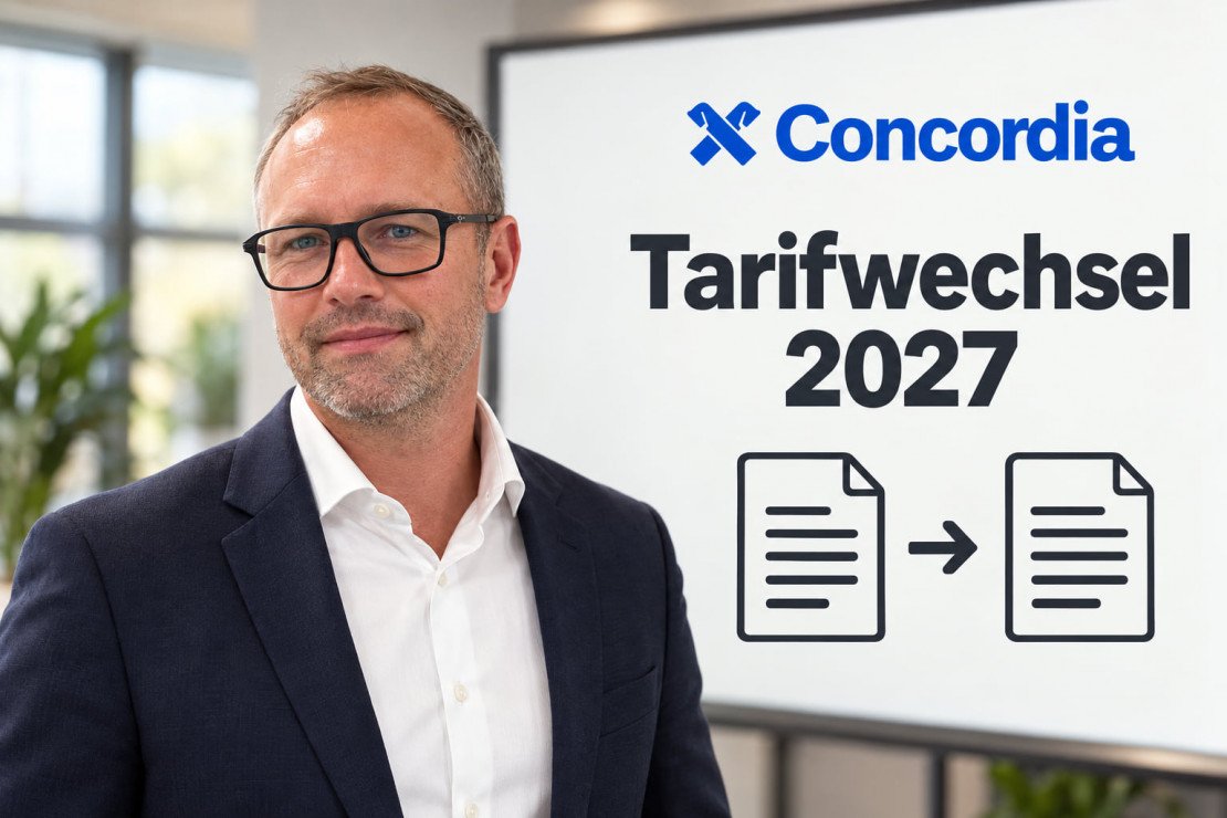 Ferdinand Steiner neben einer Grafik zum Tarifwechsel bei Concordia.